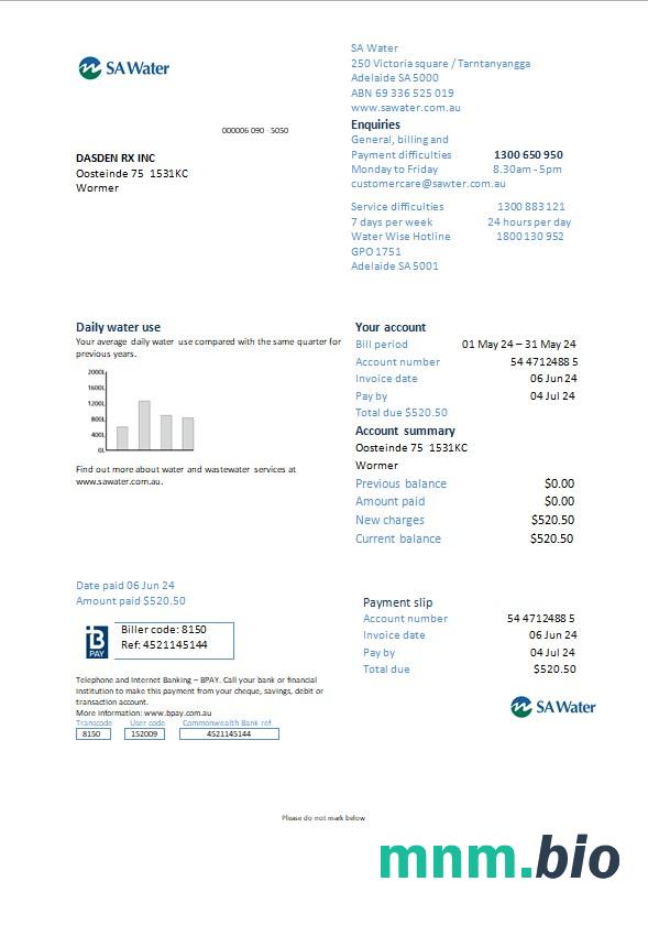 Netherlands SA water rachunek za usługi komunalne Word and PDF template